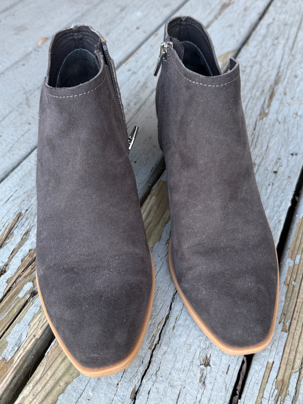 Dolce Vita Women's Suede Ankle Booties in Dark Gray with Tan Sole